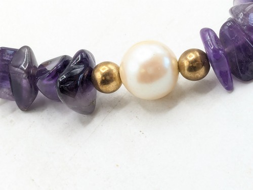 Gold Tone Faux Pearl and Amythest Necklace - Picture 7 of 15
