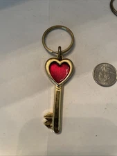 Vintage Gold Plate Enamel Heart On Key Key Ring