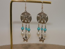 Sterling Silver Sand Dollar Pearl and Turquoise Earrings