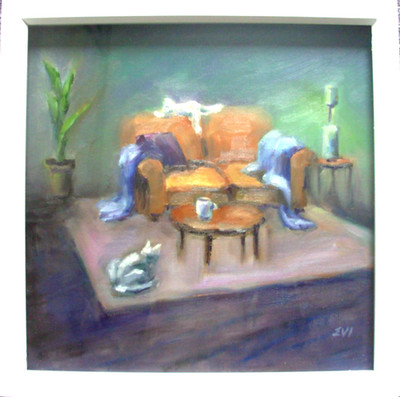 Gemütliches Zimmer gerahmt Original Ölgemälde Innenraum Wandkunst Leinwand Tafel 12x12 Zoll