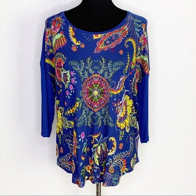 Desigual top womens Medium NEW royal blue floral beaded studded ribbed knit