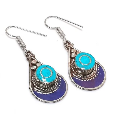 Boucles d'oreilles pierre précieuse en lapis-lazuli turquoise bijoux faits... - Photo 1/4