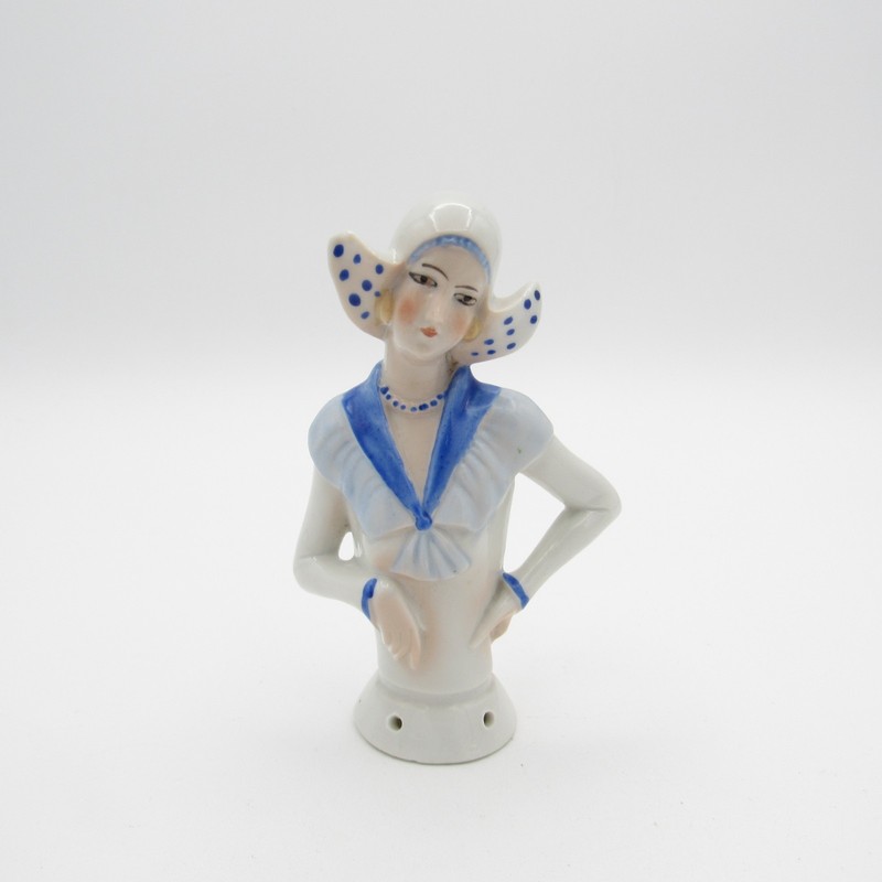 Antique Germany Dutch Girl Half Doll, Winged Hat with Polka Dots