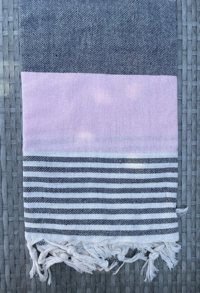 Pink & Black Turkish Peshtemal Towel, Hammam Beach Bath Travel Wrap, 100% Cotton — 第 2/4 张图片