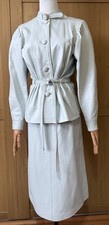 Vintage 80s Leather Skirt Suit Light Blue Belted Jacket Structured Shoulders