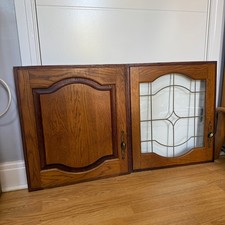 Vintage Solid Oak Cabinet Doors Pair Arched Leaded Stained Glass 56x50cm DIY Cra