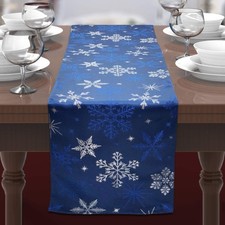 Holiday Blue Snowflakes Metallic Jacquard Woven Table Runner 14" x 72" Runner