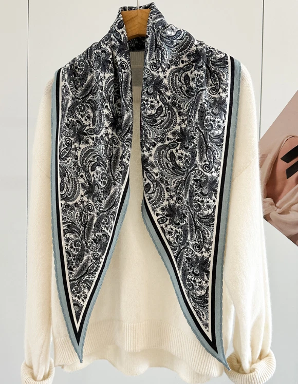 70% Cashmere 30% Silk Shawl Scarf 140X43cm Neckerchief waves Print Bandana Wrap
