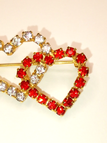 Brosche Doppelherz klar und rot Strass goldfarben - Bild 4 von 12