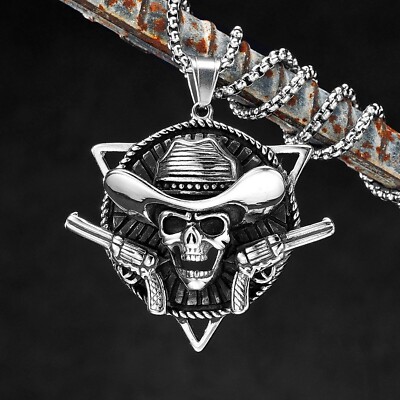 Never Fade Cowboy Skull Double Gun Stainless Steel Men Women Necklaces Pendant