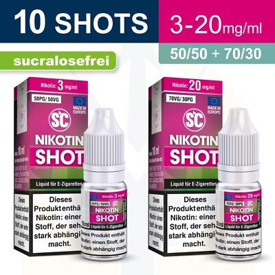 10x SC Premium Nikotinshots 10ml 100ml VG/PG 50/50 70/30 3 20mg Base E-Zigarette