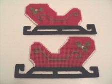Lot of 2 Holiday Christmas Needlepoint Sleighs Red, Green, White Plastic Canvas
