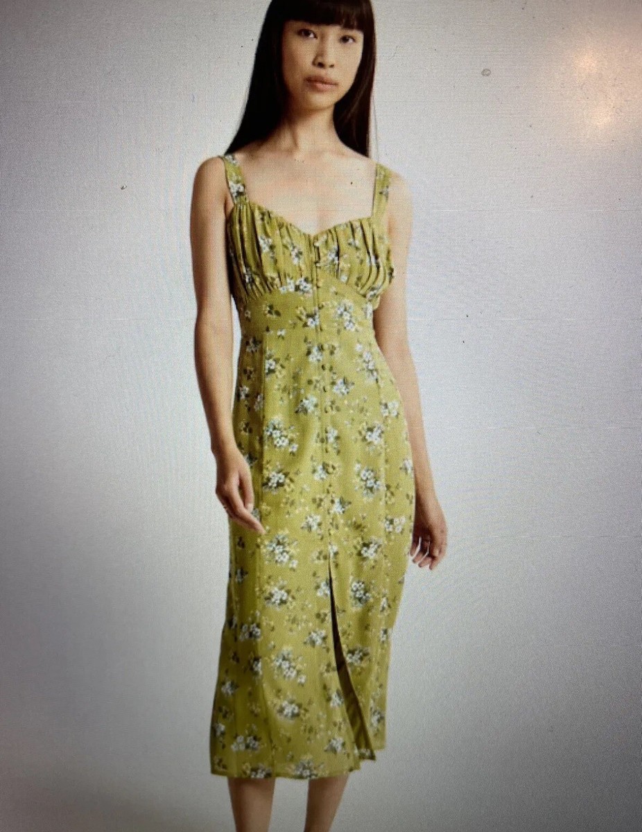 slim fit dress slacks Abercrombie And Fitch Green Floral Button Down Midi Dress main image 0