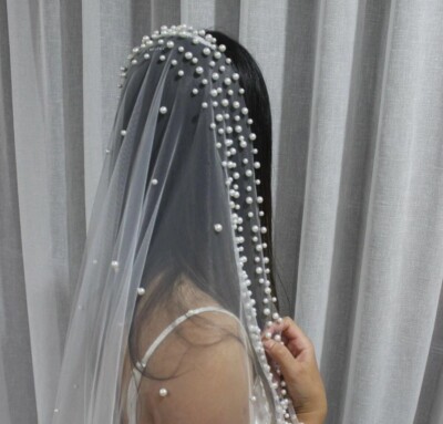 High-Quality Cathedral Length Wedding Veil Scattered Pearls Scattered Pearl Tulle Cathedral Veil | David main image 4