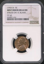 1955-D 5¢ Struck On A 1¢ Copper Planchet 3.1 Grams NGC Mint Error MS 64 RB