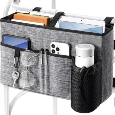 Walker Basket for Folding Walkers Multi Pockets Cup Holder Carry Pouch Gray New