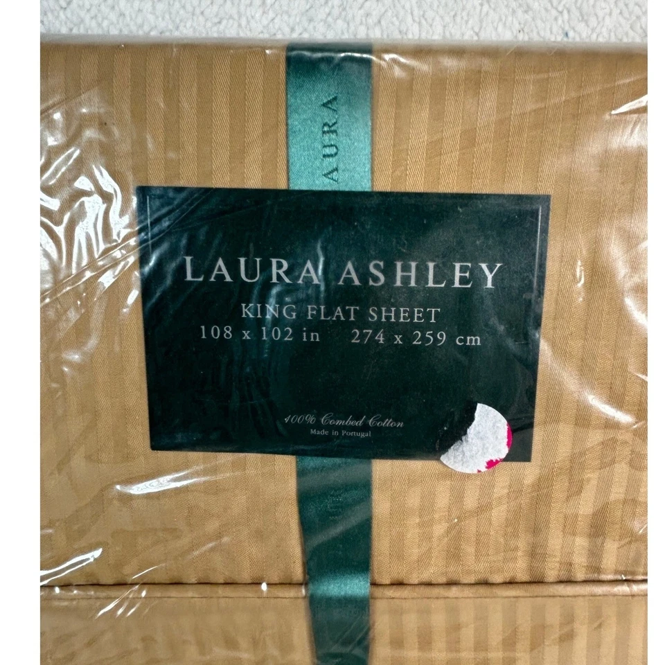 Sábana plana Laura Ashley King a rayas doradas 100 % algodón peinado ropa de cama nueva en stock Foto 2 de 4