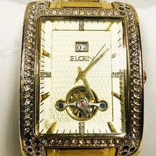 Elgin Men’s Gold Tone Rectangular Open Heart Date Watch Crystal Accents Quartz