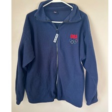 USA Olympic Fleece Jacket Navy Blue Full Zip Athletic USA Made Size M Athletic