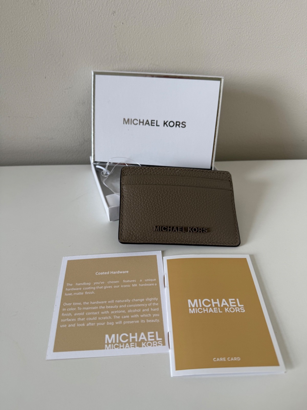 Michael Kors Pebbled Leather Card Holder Taupe Grey Card Case Boxed