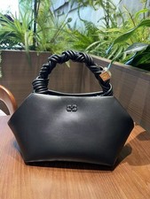 Ganni Black Leather Braided Handle Top Handle Bag Purse 28x14x16cm