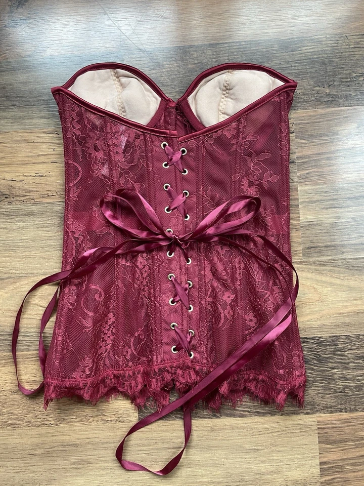 Обожаю меня шнурует вверх детали глубокий красный корсет женщин размер S кружевная лента - Изображение 2 из 4