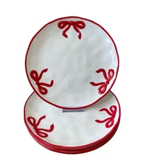 Hand Painted Coquette Red Bow Dinner Plates 10.25in White Ceramic Set of 4 NEW