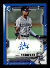 2021 Bowman Chrome Prospect Auto Blue Refractor /150 Julio Carreras Auto Rockies