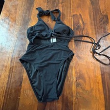Celebrity Pink Black Waffle Knit Cutout Halter One Piece Swimsuit Large 11-13