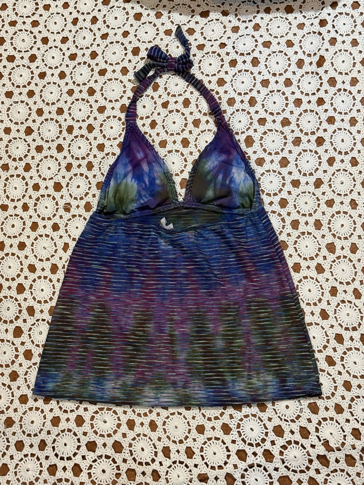 Y2K Halter Tankini Padded Bathing Suit Top Multicolor Small Stretchy Swim Beach
