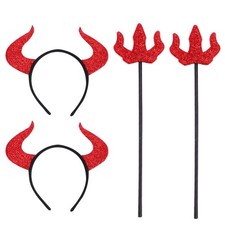 4pcs Horn Hair Devil Trident Halloween Devil Costume Set Cosplay Prop Red