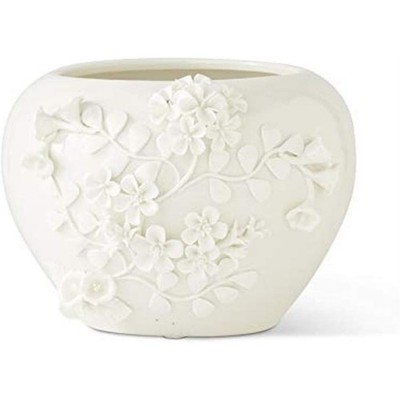 K&K Interiors 16334A 6.75 Inch White Ceramic Pot with Raised Jasmine Flowers