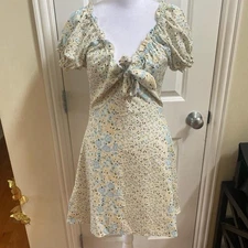Unbranded Women’s Puff Sleeve Mulicolored Elastic Tie Front Floral Dress Size M