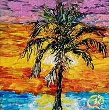 Seascape Oil Painting Original - Art on Magnet - Palm Tree & Sunset Artwork