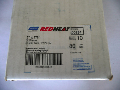 TEN Norton Redheat 63642505284, 80 Grit 5'' x 7/8'' Quick Trim Type 27 Flap Discs 
