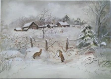 1 MINT 1990s Vintage Tasha Tudor Christmas Card Her Home Corgi Cottage w Envelp