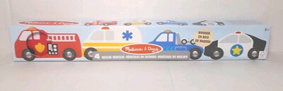 Melissa & Doug 4 Wooden Rescue Vehicles 3-4  Compatible with Wooden Train Tracks