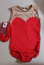 AMS Gymnastics Leotard Adult Medium AM Lycra Beige and Red with high neck