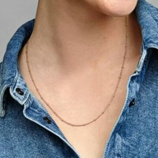 Thin Beaded Rose Gold Tone Chain Necklace  stainless steel