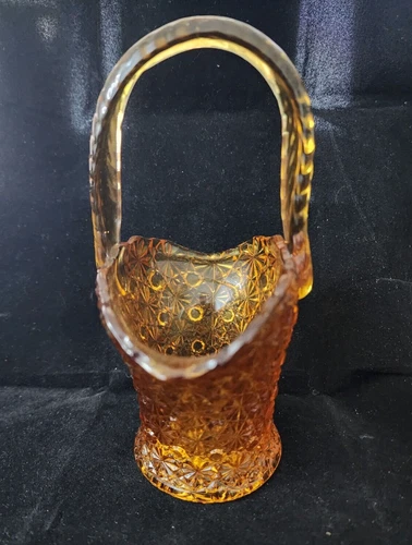 Vintage Fenton Amber Daisy and Button Crystal with Handle Flower Bride's Basket