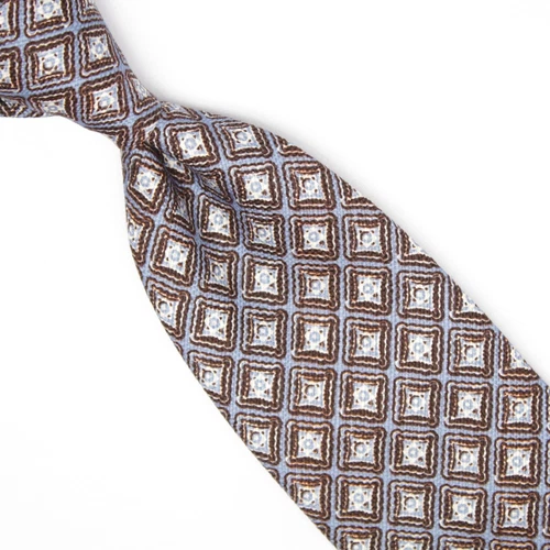 Josiah France Mens Cotton Necktie Light Blue Brown Tile Check Print Tie Italy