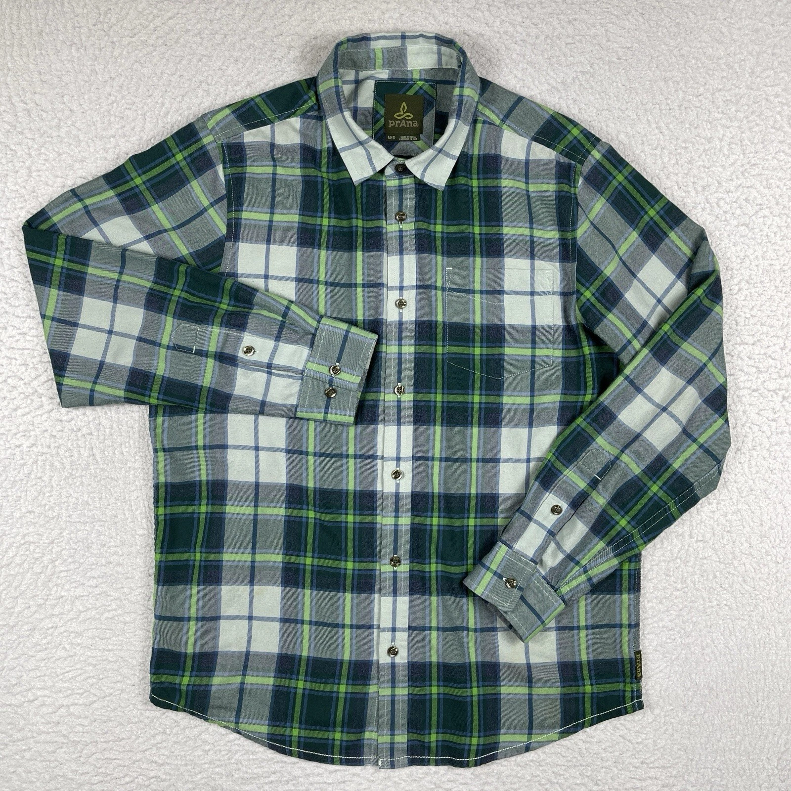 Prana Shirt Mens Medium Green Blue Plaid Gorpcore Outdoors Hiking Camping Worker