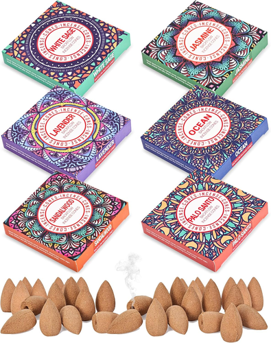 Backflow Incense Cones - 6 Mixed Natural Scents - Sandalwood, Lavender, Jasmine,