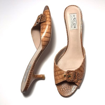 Vtg Oscar de La Renta Y2K Caramel Croc Leather Buckle Peep Toe Kitten Mules 9.5