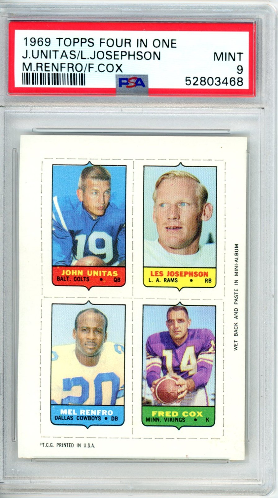 1969	Topps 4 in 1	Unitas / Josephson	Renfro / Cox		PSA 9	Colts