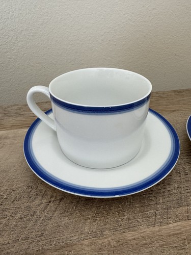 Crate & Barrel Coffee Cup & Saucer Set Of 2 White Blue Rim Mono Porcelain - Picture 3 of 12
