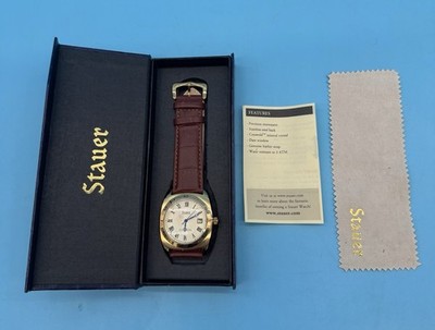 Stauer Time-Master Piezo Mens Gold Dress Watch 30021 Brown Leather - New In Box