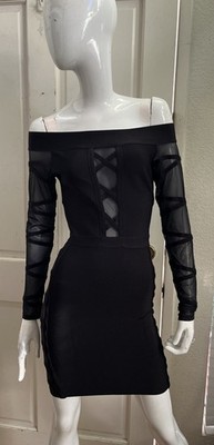 bebe VINTAGE! Black Off Shoulder Long Sleeve Bandage Bodycon Mini Dress Sz XS