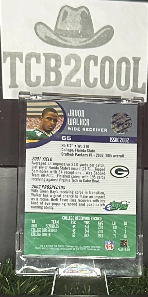 2002  eTopps (encased) #65 Javon Walker Auto  Print Run /5000 Packers RC/Rookie - Image 2 of 2