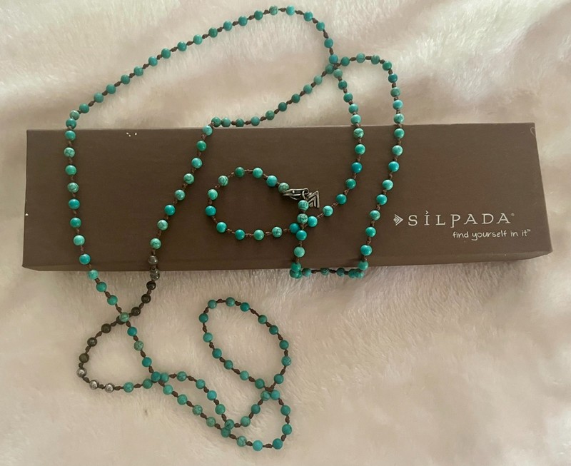 Vintage 44in Sterling Silpada Blue Turquoise Howlite Bead Necklace with box